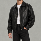 Men’s Leather Jacket – Black Full Zip Collared Bomber Jacket with Ribbed Hem