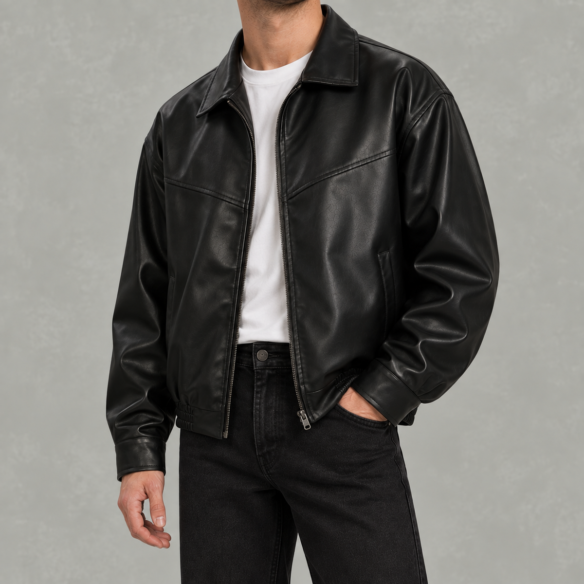 Men’s Leather Jacket – Black Full Zip Collared Bomber Jacket with Ribbed Hem