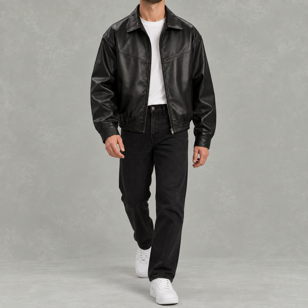 Men’s Leather Jacket – Black Full Zip Collared Bomber Jacket with Ribbed Hem