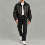 Men’s Leather Jacket – Black Full Zip Collared Bomber Jacket with Ribbed Hem