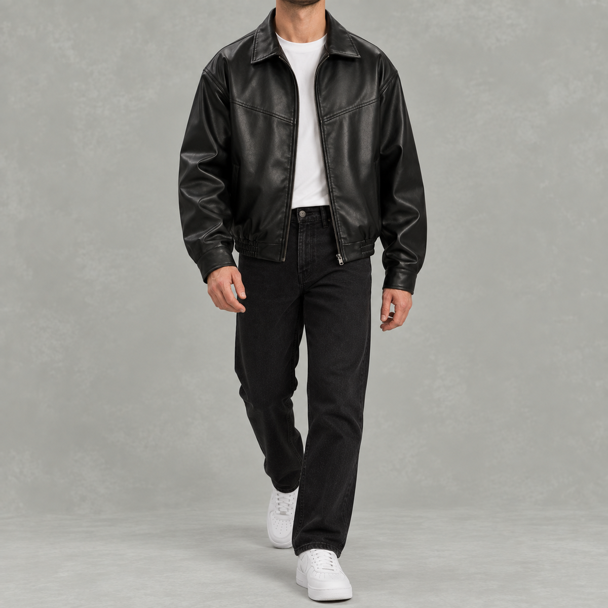 Men’s Leather Jacket – Black Full Zip Collared Bomber Jacket with Ribbed Hem
