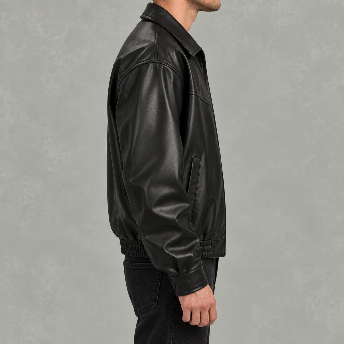 Men’s Leather Jacket – Black Full Zip Collared Bomber Jacket with Ribbed Hem