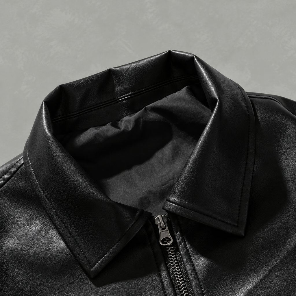 Men’s Leather Jacket – Black Full Zip Collared Bomber Jacket with Ribbed Hem