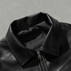 Men’s Leather Jacket – Black Full Zip Collared Bomber Jacket with Ribbed Hem