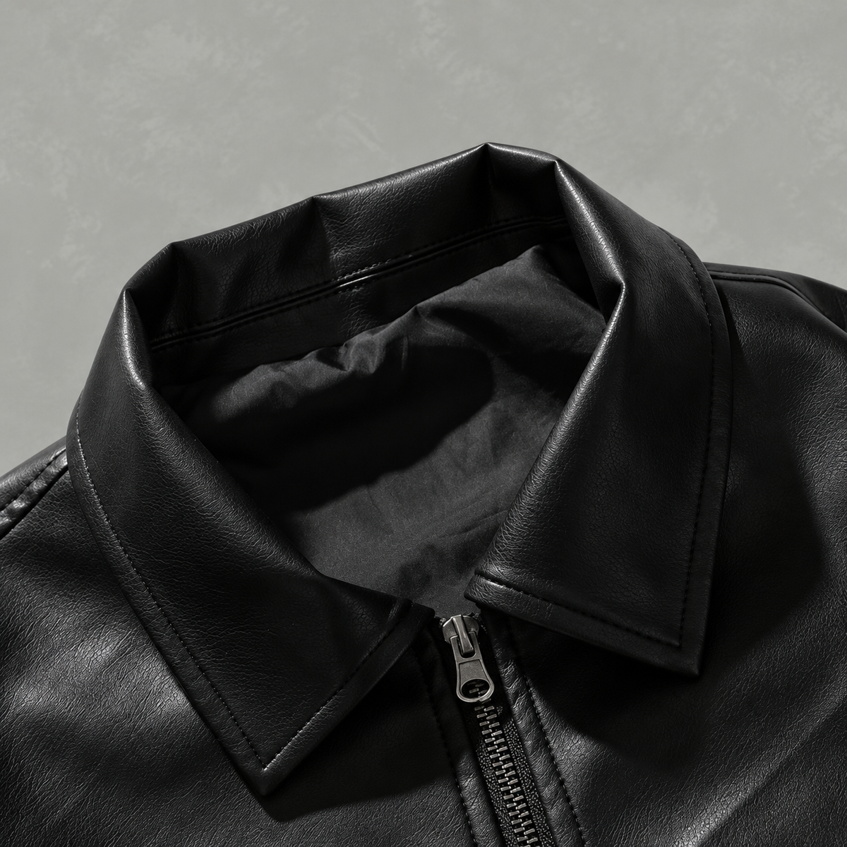 Men’s Leather Jacket – Black Full Zip Collared Bomber Jacket with Ribbed Hem