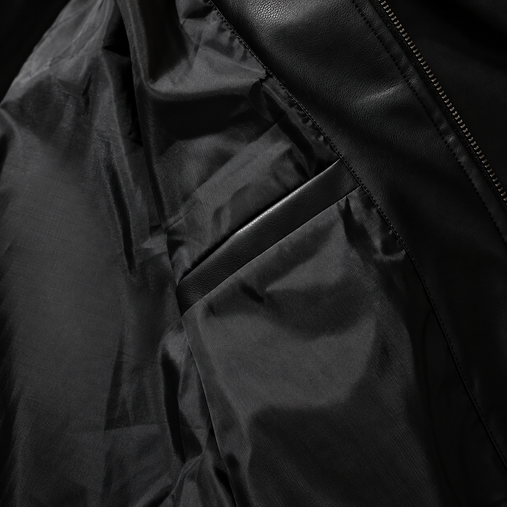 Men’s Leather Jacket – Black Full Zip Collared Bomber Jacket with Ribbed Hem