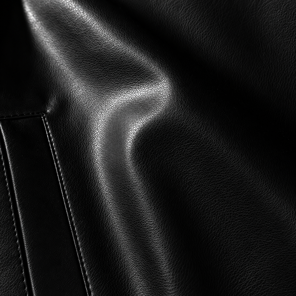 Men’s Leather Jacket – Black Full Zip Collared Bomber Jacket with Ribbed Hem