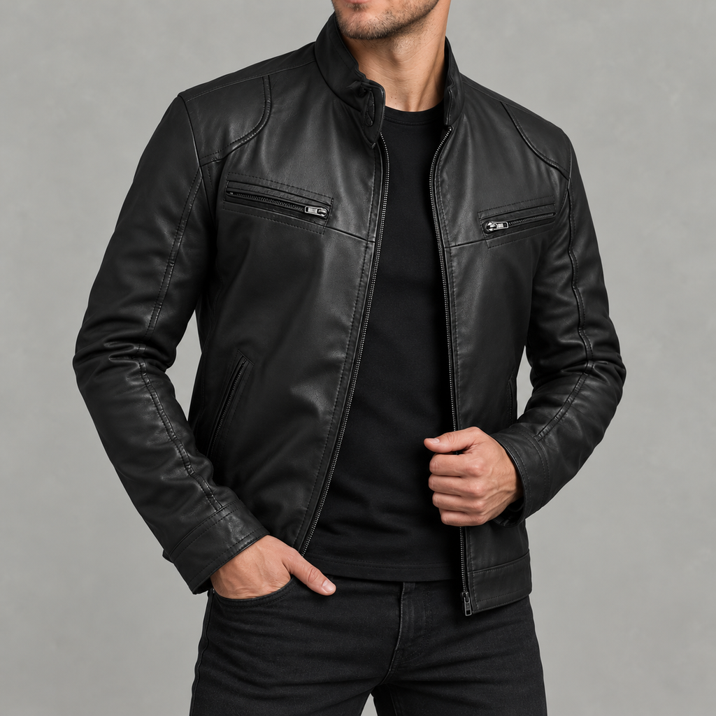 Men’s Leather Jacket – Stand Collar Motorcycle Biker Jacket