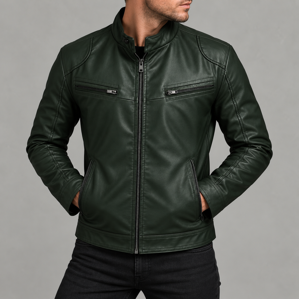 Men’s Leather Jacket – Stand Collar Motorcycle Biker Jacket
