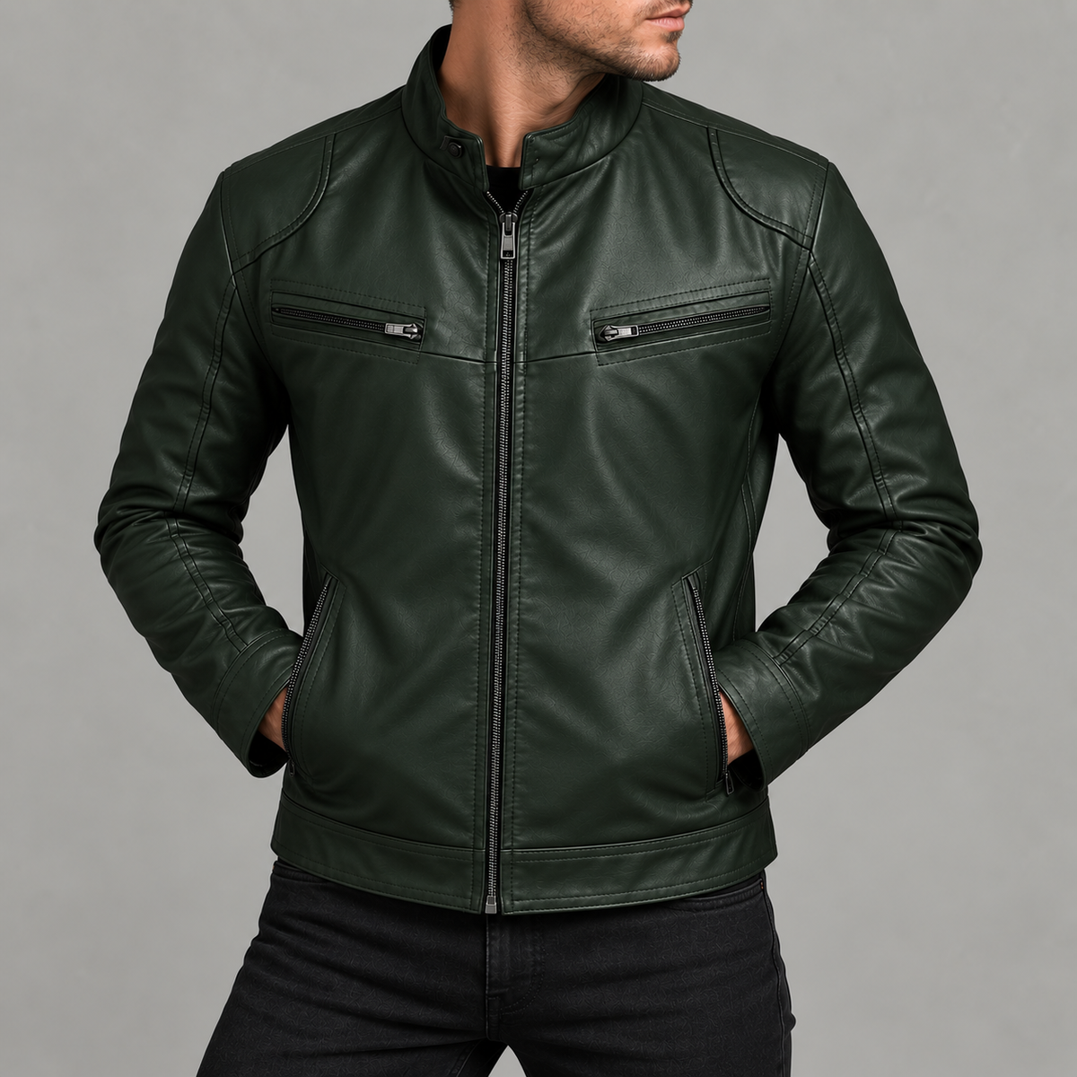 Men’s Leather Jacket – Stand Collar Motorcycle Biker Jacket