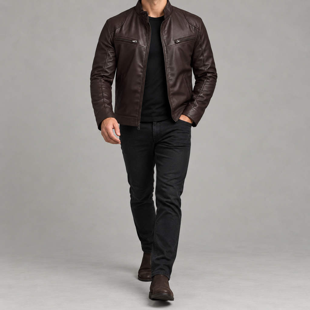 Men’s Leather Jacket – Stand Collar Motorcycle Biker Jacket