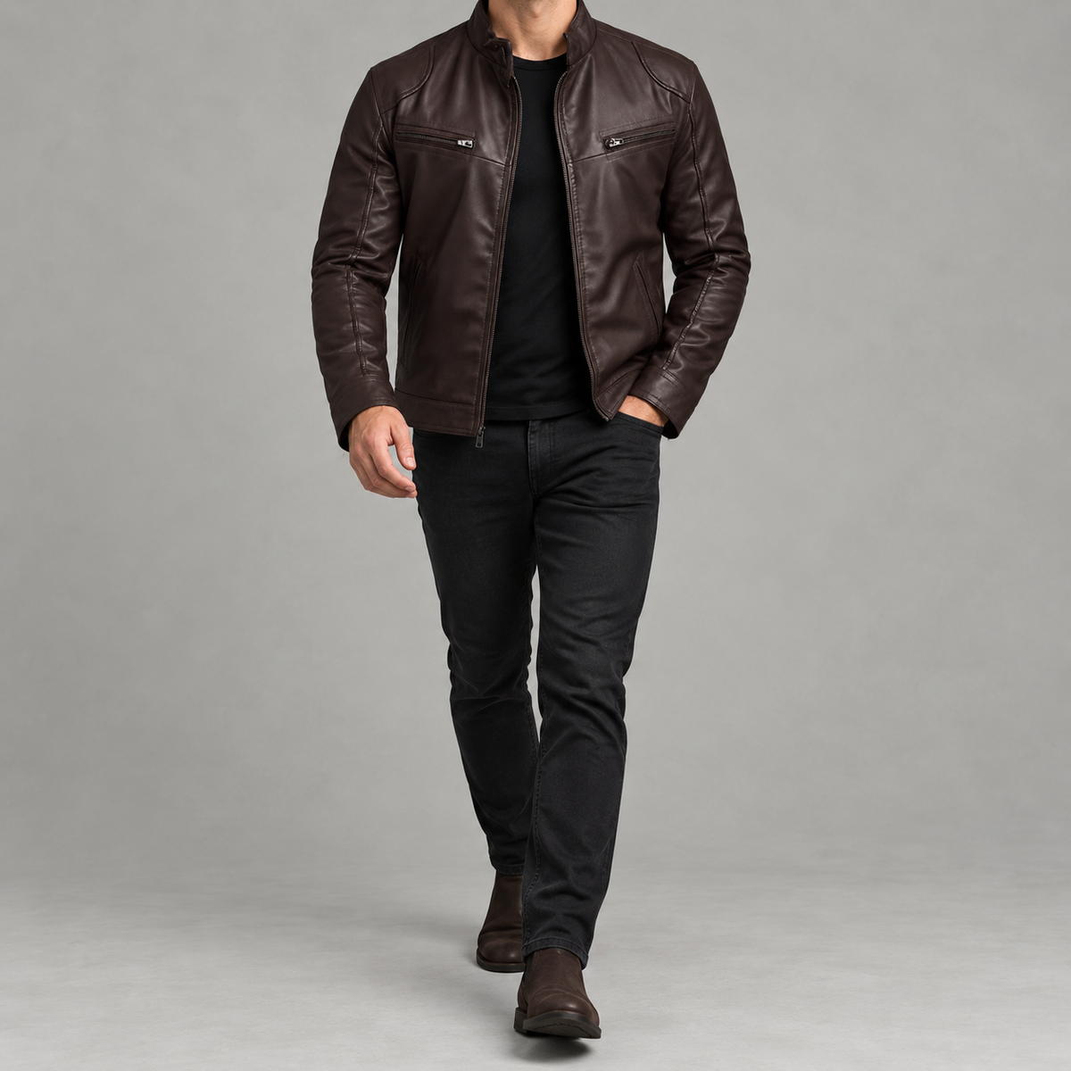 Men’s Leather Jacket – Stand Collar Motorcycle Biker Jacket