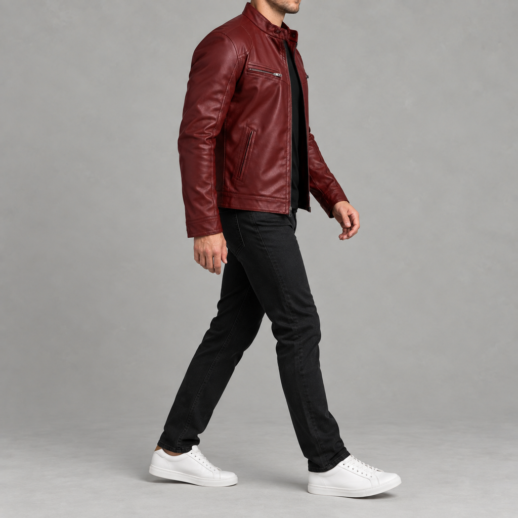 Men’s Leather Jacket – Stand Collar Motorcycle Biker Jacket