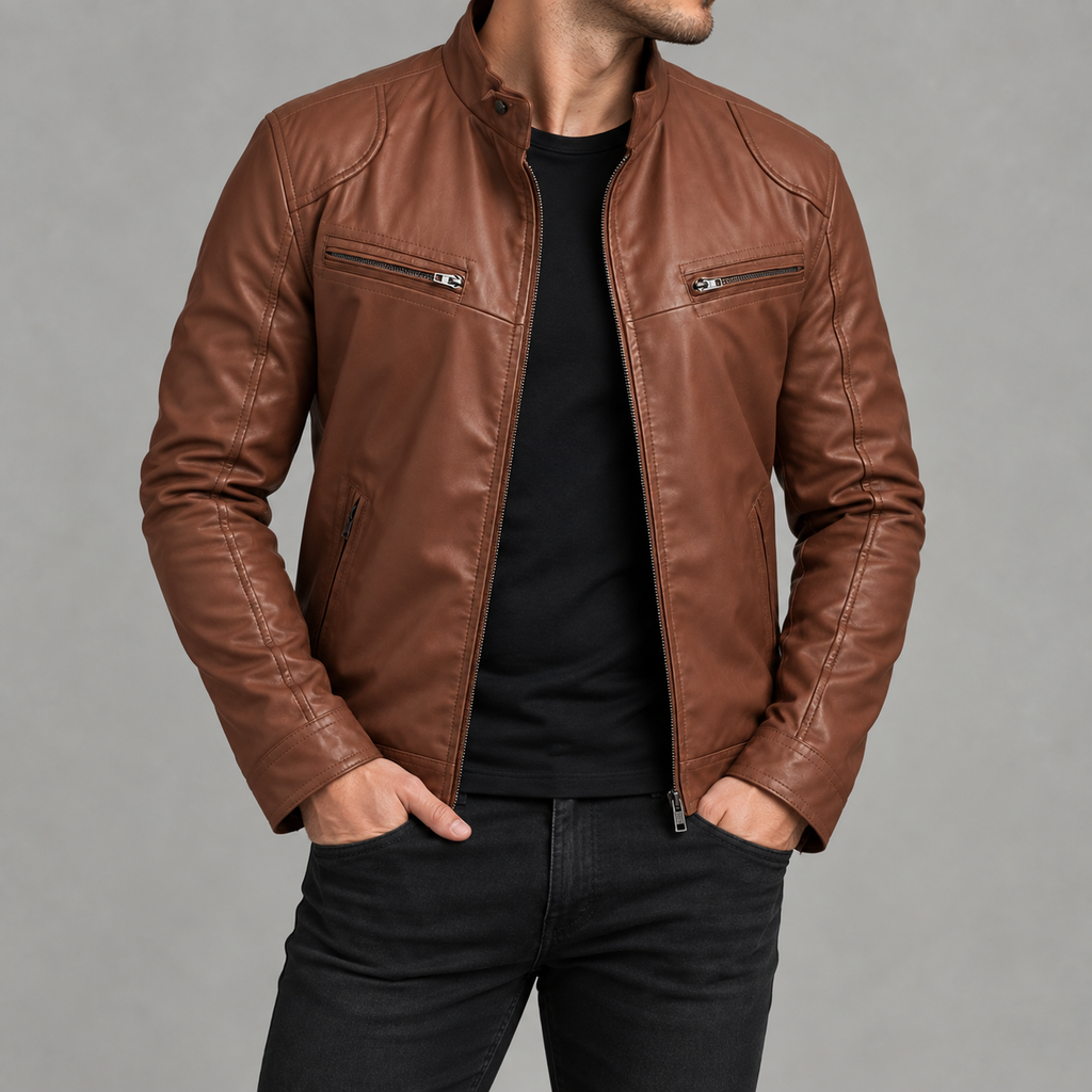 Men’s Leather Jacket – Stand Collar Motorcycle Biker Jacket