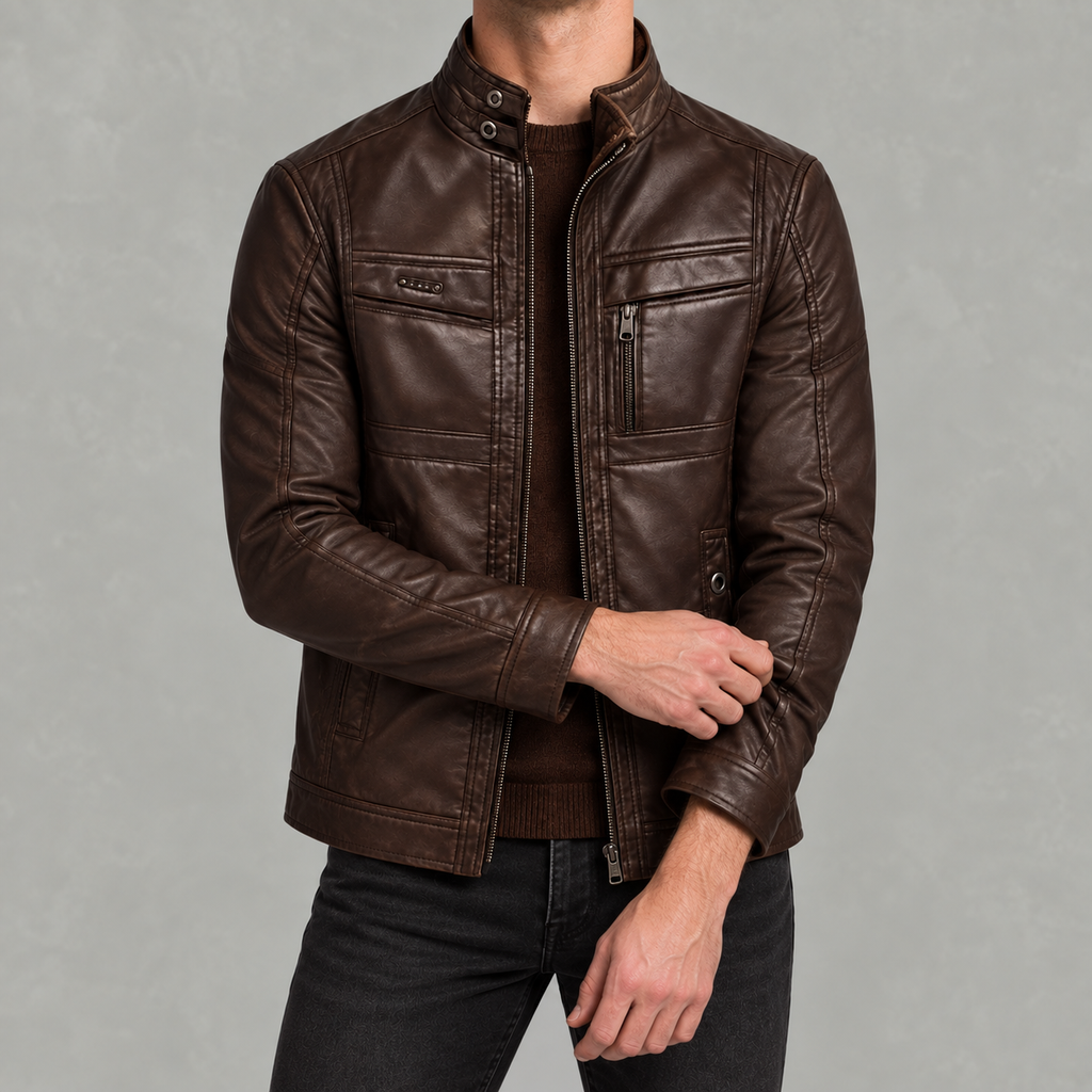 Men’s Leather Jacket – Winter Fleece-Lined Motorcycle Jacket with Zip Pockets