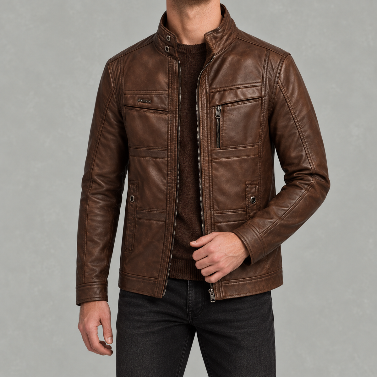 Men’s Leather Jacket – Winter Fleece-Lined Motorcycle Jacket with Zip Pockets