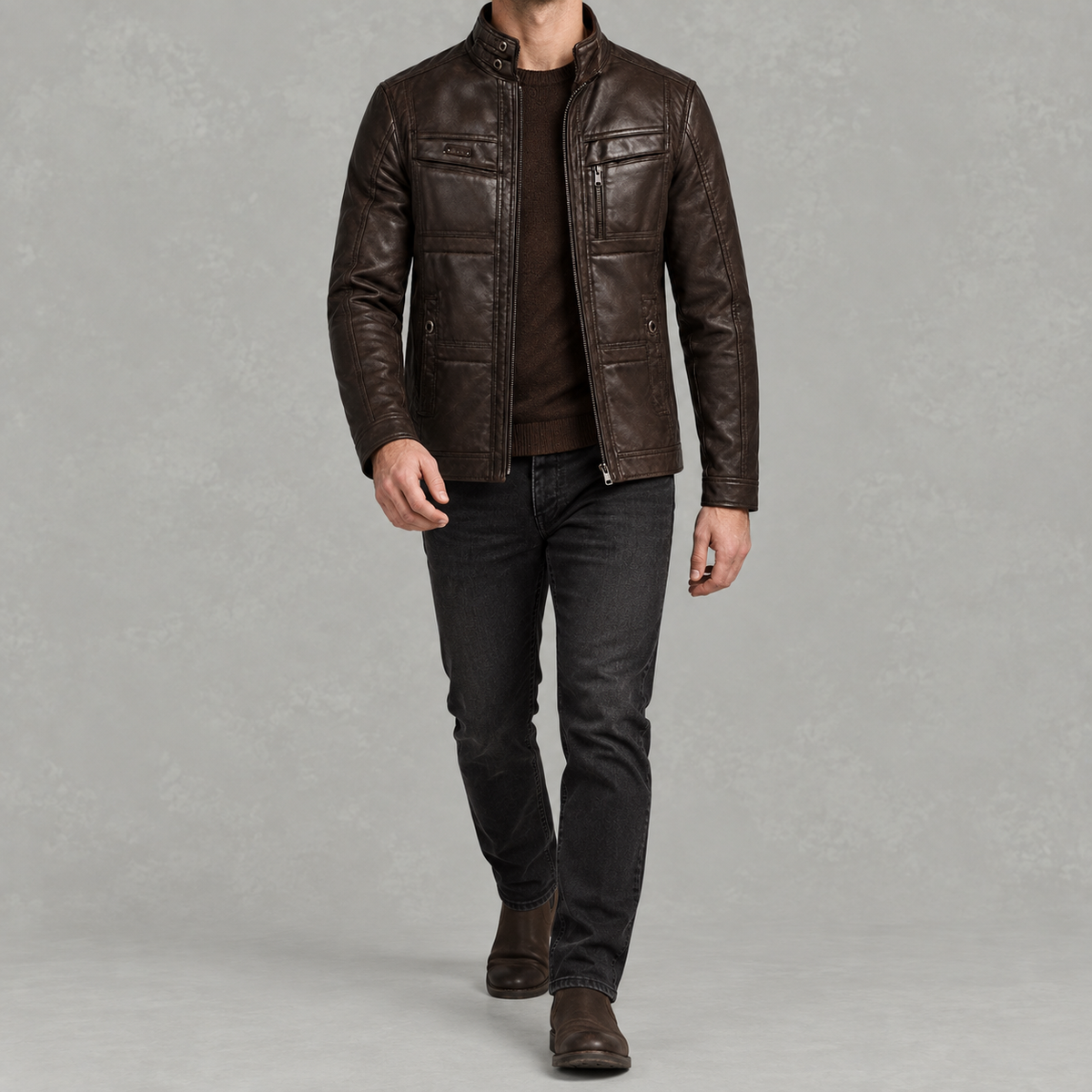 Men’s Leather Jacket – Winter Fleece-Lined Motorcycle Jacket with Zip Pockets