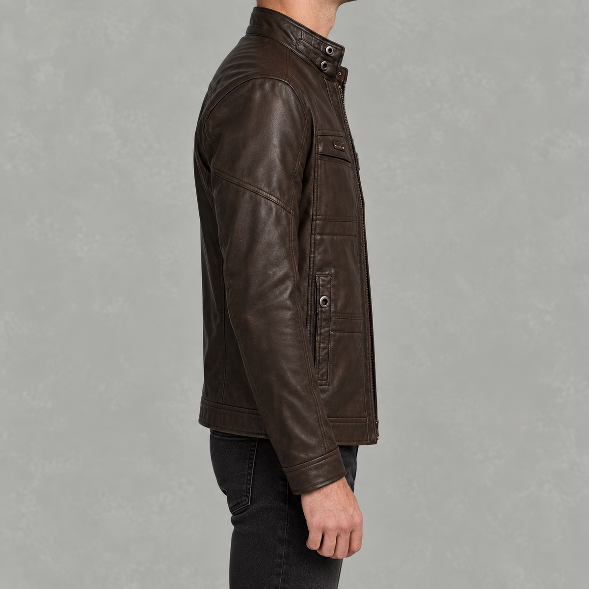 Men’s Leather Jacket – Winter Fleece-Lined Motorcycle Jacket with Zip Pockets