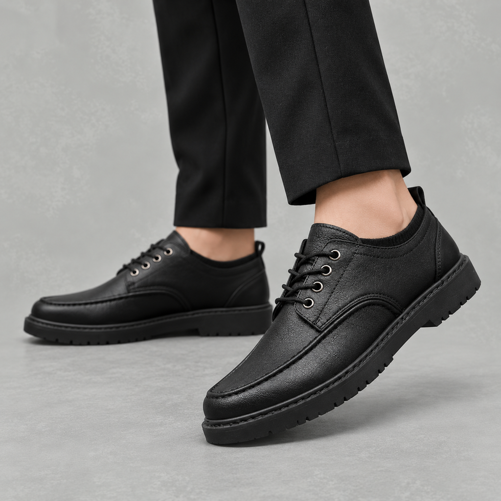 Men’s Leather Shoes – Black Lace-Up Casual Shoes with Round Toe