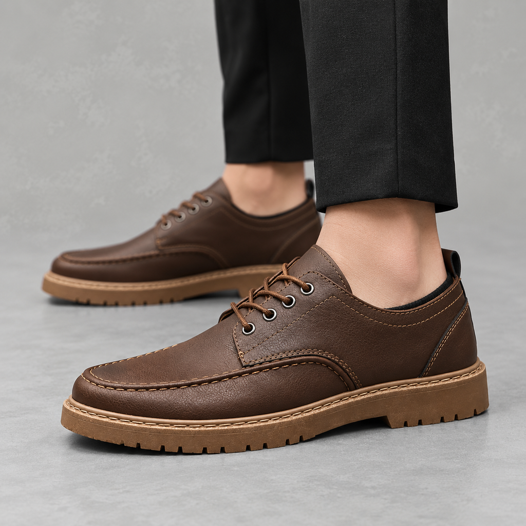Men’s Leather Shoes – Black Lace-Up Casual Shoes with Round Toe