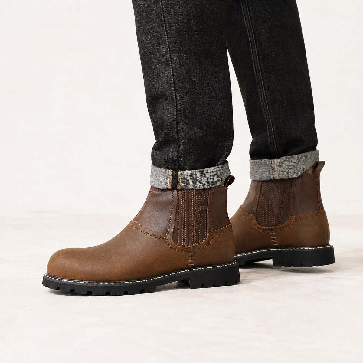 Men’s Leather Walking Boots – Round Toe Ankle Hiking Boots