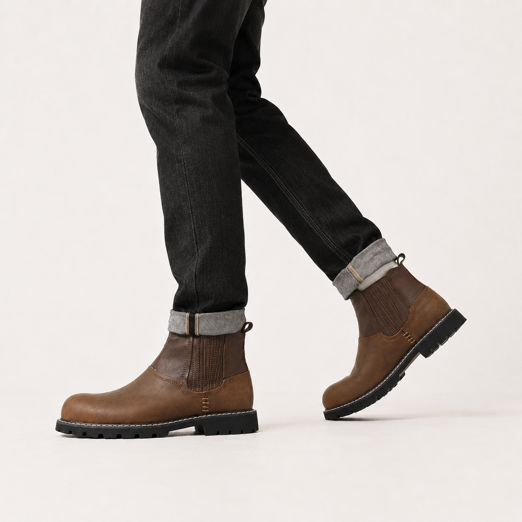 Men’s Leather Walking Boots – Round Toe Ankle Hiking Boots