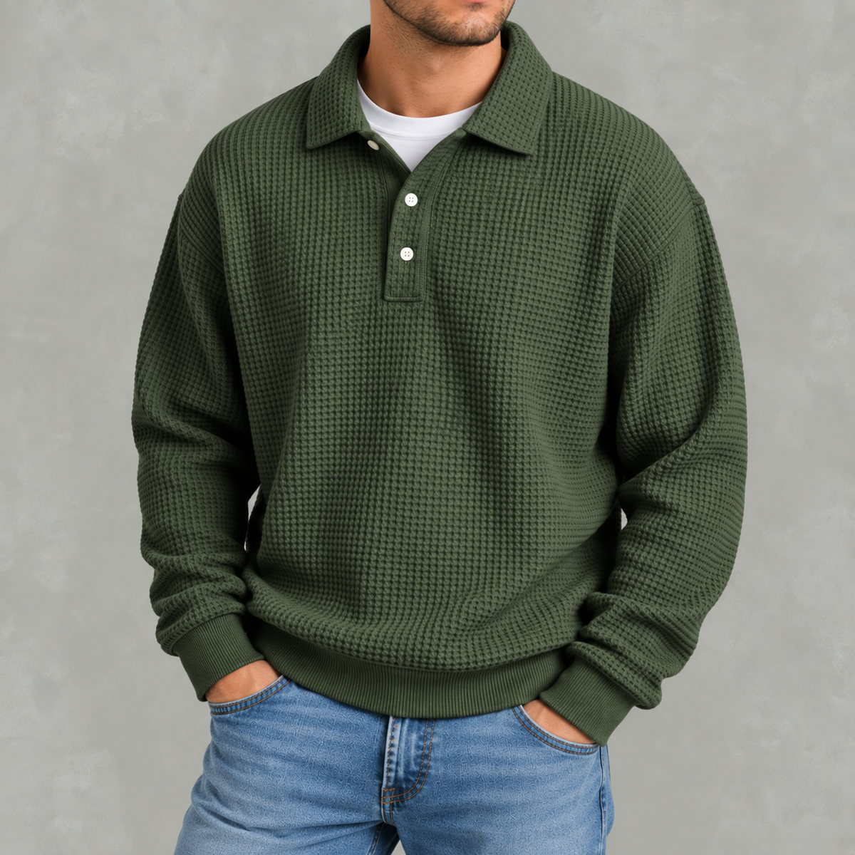 Men’s Long Sleeve Polo Shirt – Waffle Knit Retro Short Sleeve Textured Top
