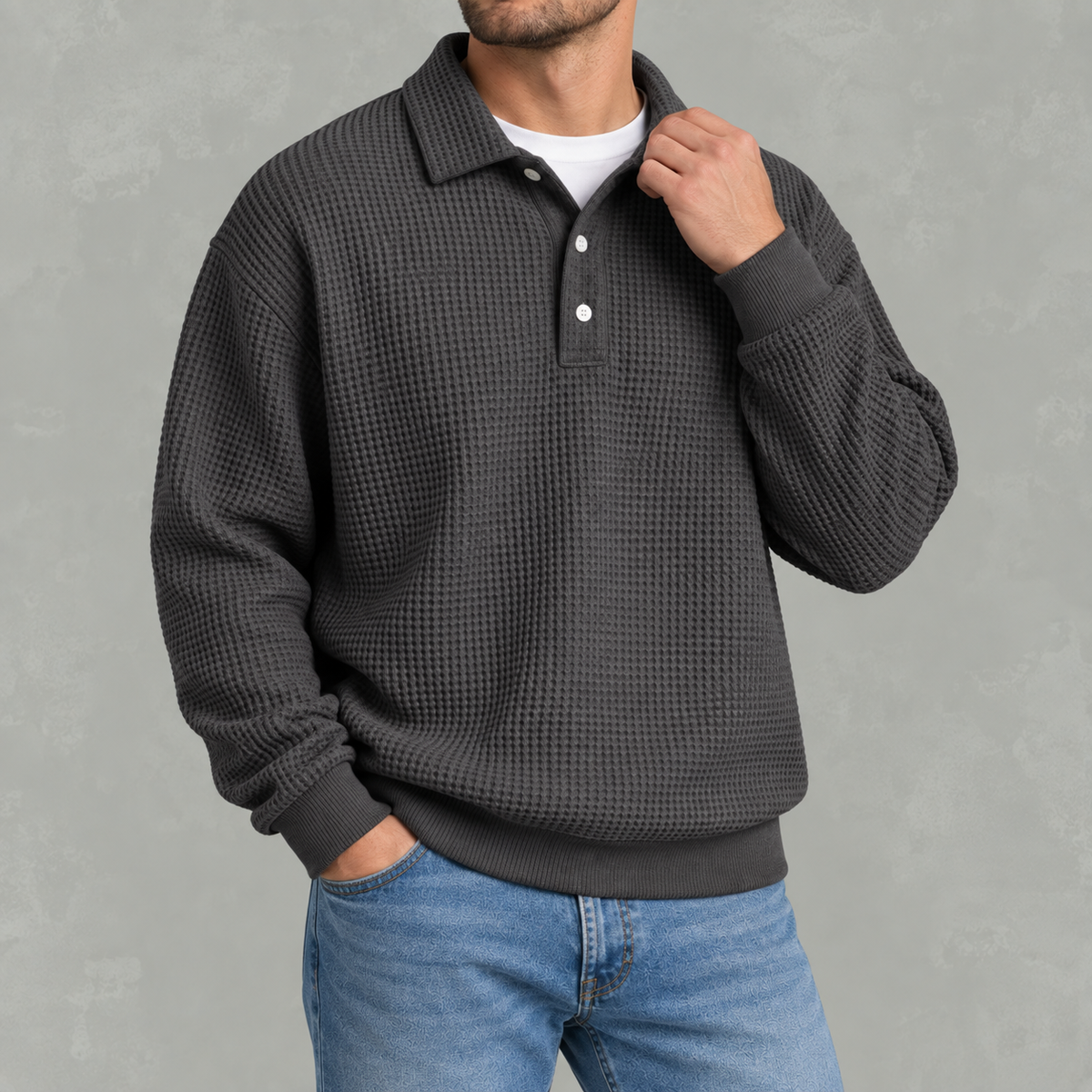 Men’s Long Sleeve Polo Shirt – Waffle Knit Retro Short Sleeve Textured Top