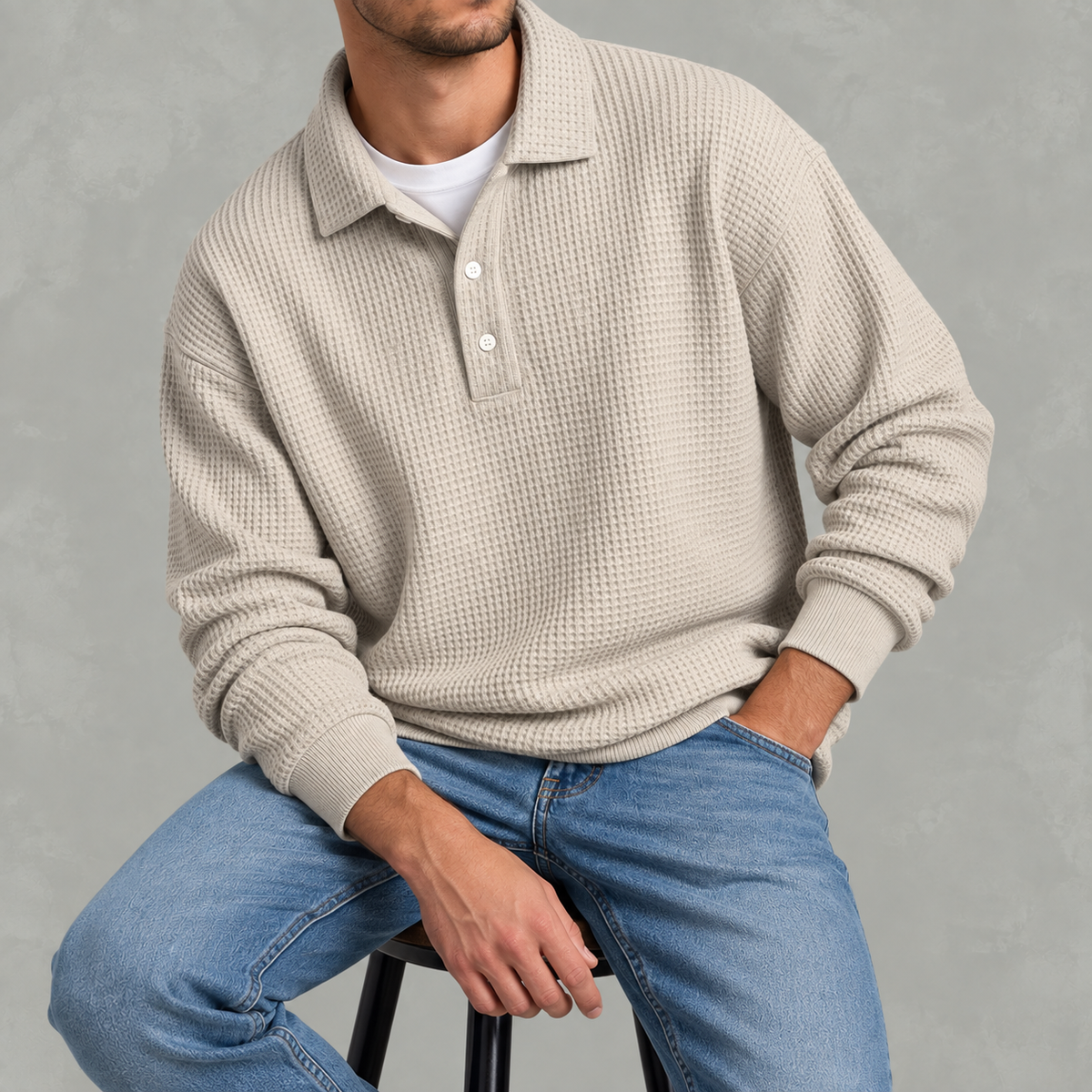 Men’s Long Sleeve Polo Shirt – Waffle Knit Retro Short Sleeve Textured Top