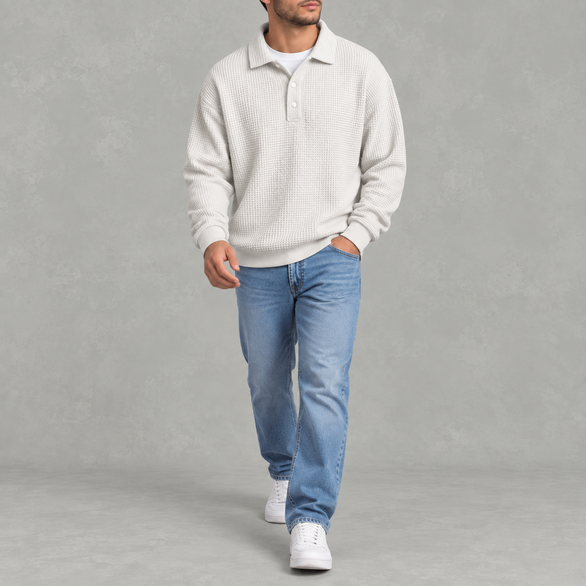 Men’s Long Sleeve Polo Shirt – Waffle Knit Retro Short Sleeve Textured Top