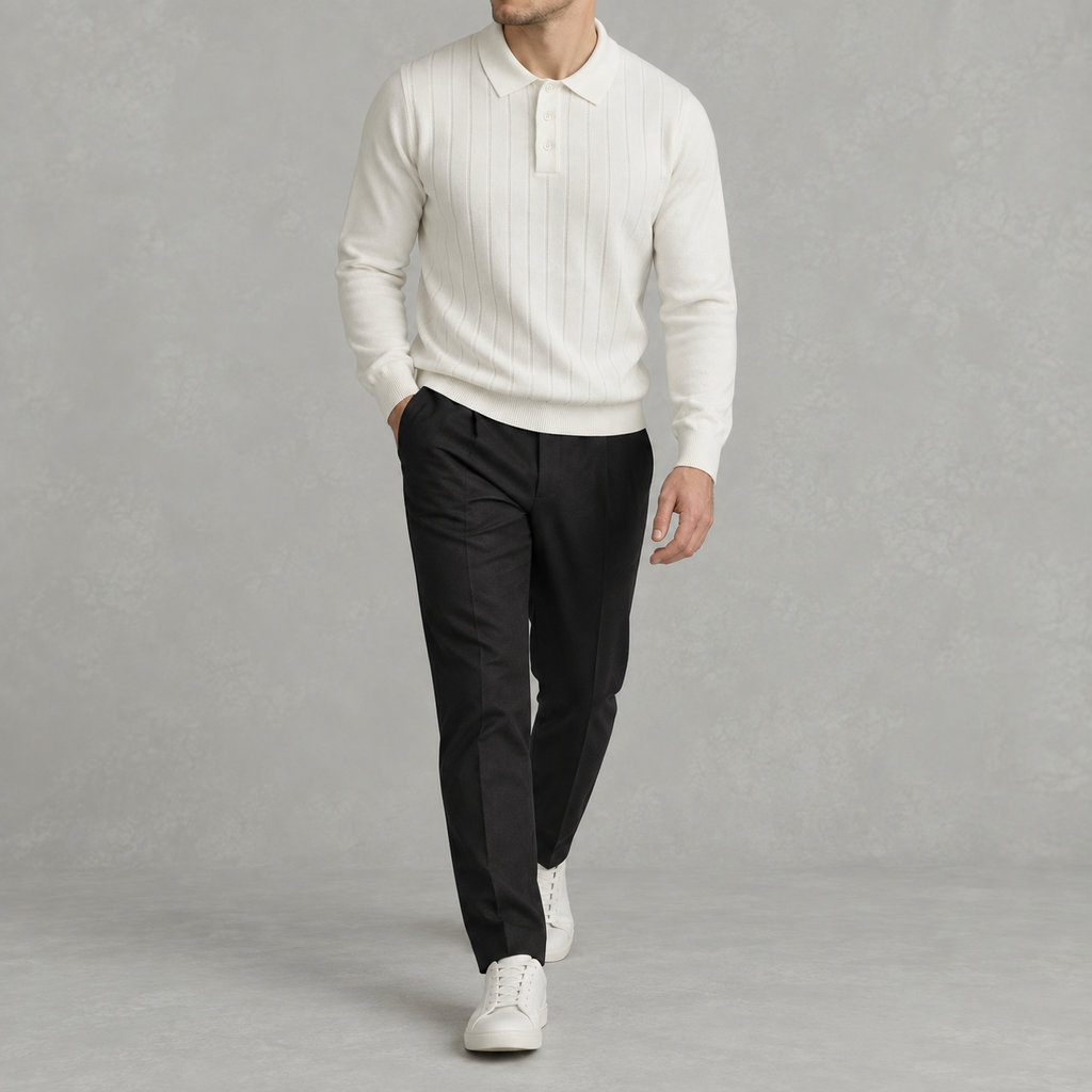 Men’s Long Sleeve Polo – Heavy Knit Long Sleeve Lapel Collar Polo