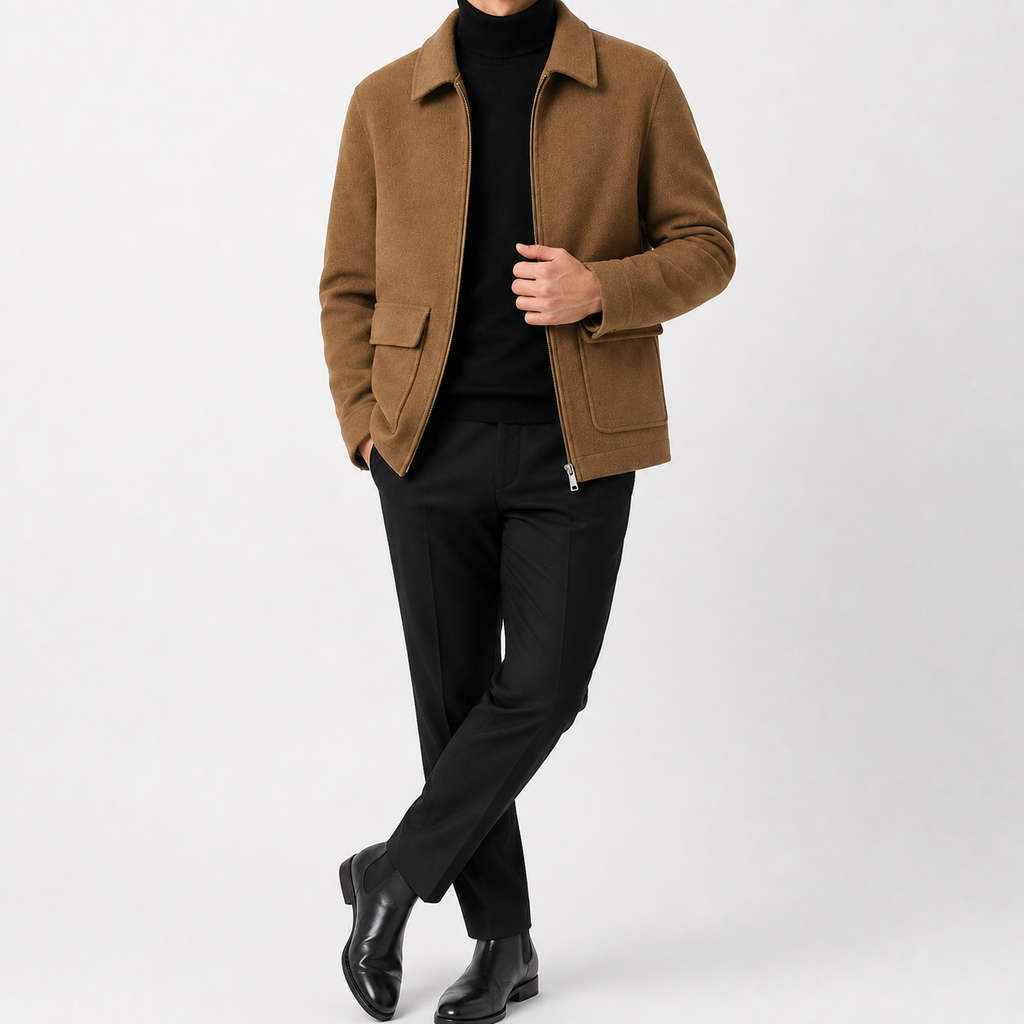 Men’s Mandarin Collar Cardigan – Loose Fit Knitted Wool-Style Jacket