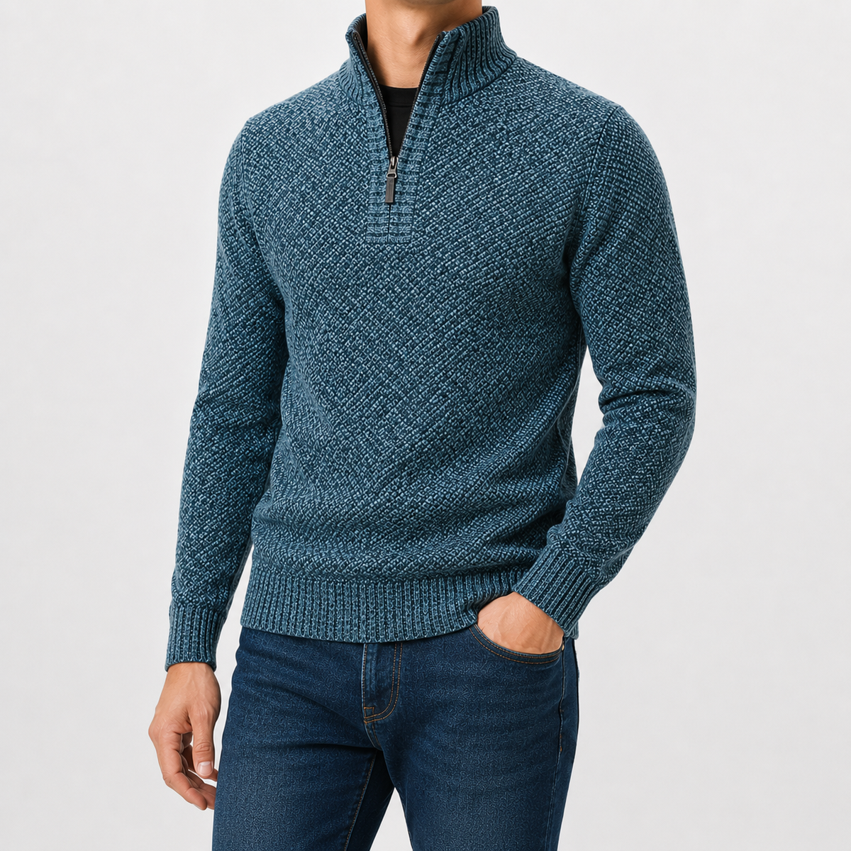Men’s Quarter Zip Jumper – Plush High Neck Warm Knitted Pullover