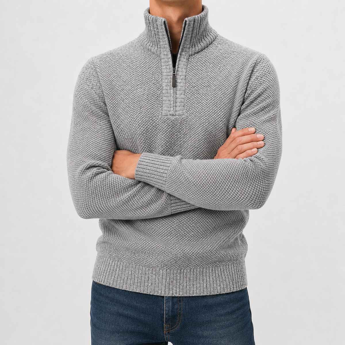 Men’s Quarter Zip Jumper – Plush High Neck Warm Knitted Pullover