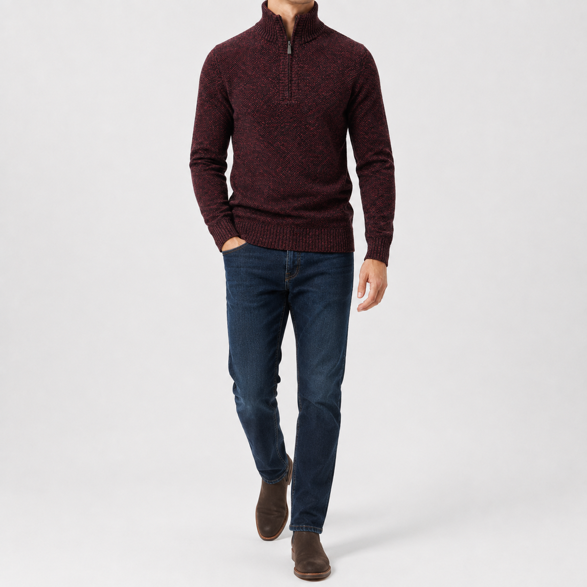 Men’s Quarter Zip Jumper – Plush High Neck Warm Knitted Pullover