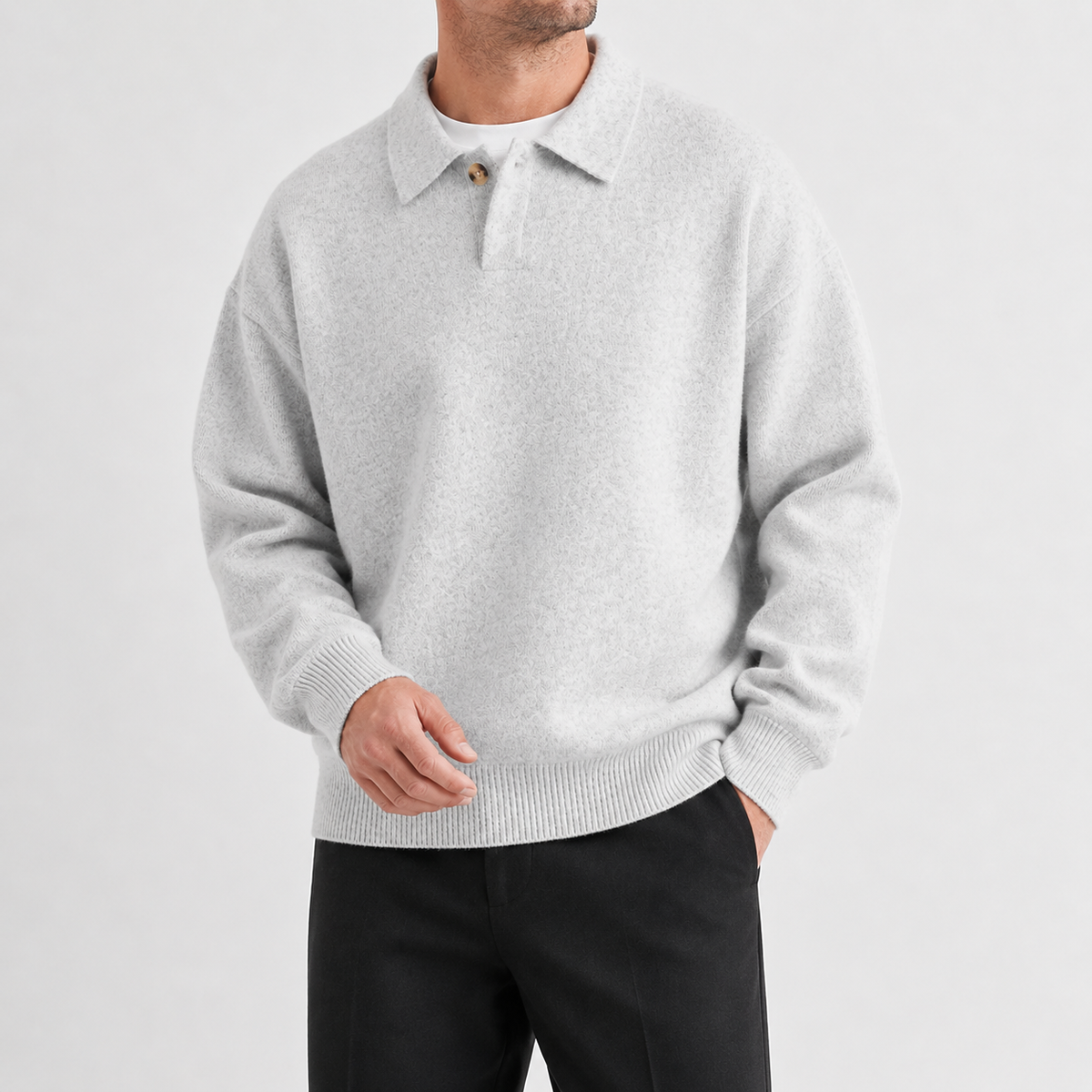 Men’s Polo Jumper – Relaxed Fit Knitted Pullover with Single Button Collar