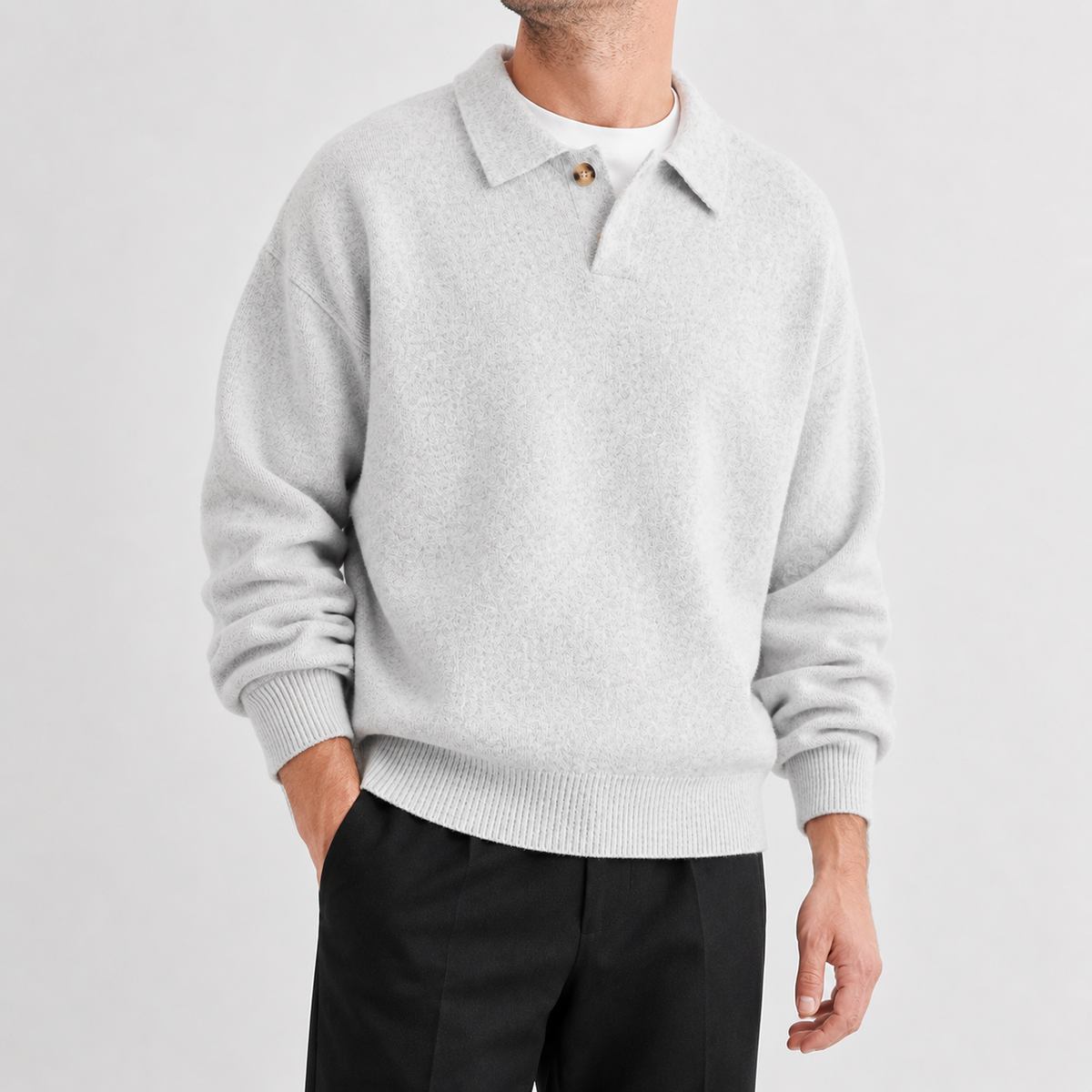 Men’s Polo Jumper – Relaxed Fit Knitted Pullover with Single Button Collar
