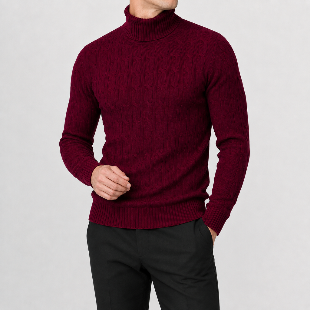 Men’s Cable Knit Jumper – Roll Neck Long Sleeve Knitted Pullover