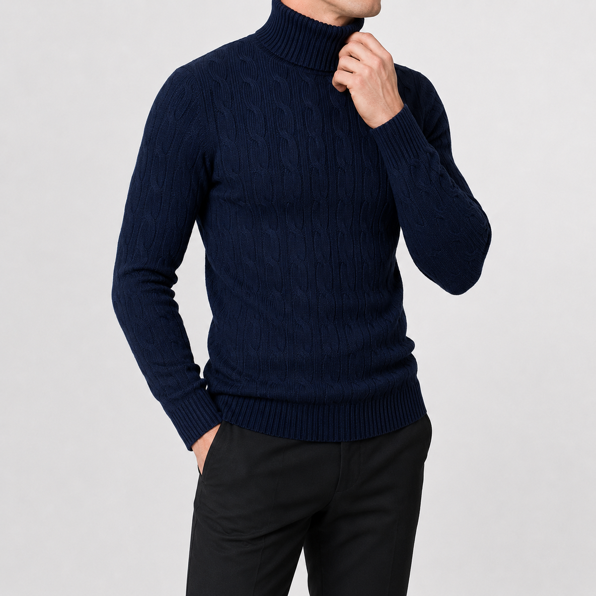 Men’s Cable Knit Jumper – Roll Neck Long Sleeve Knitted Pullover