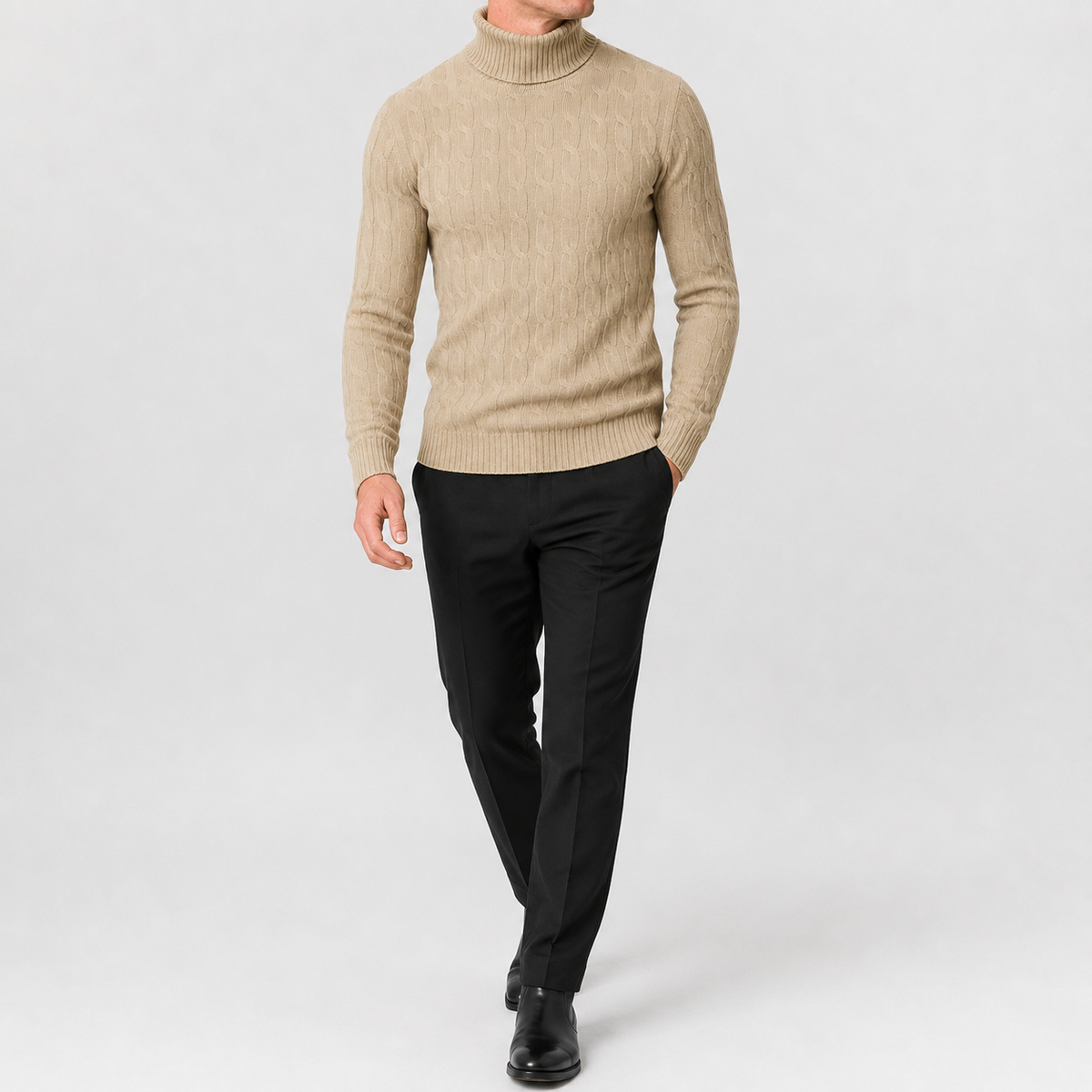 Men’s Cable Knit Jumper – Roll Neck Long Sleeve Knitted Pullover