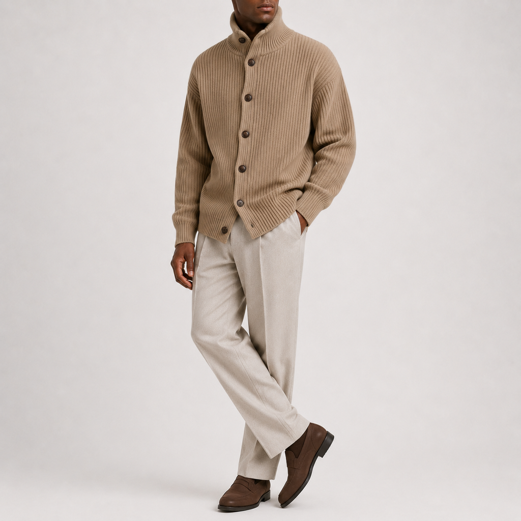 Men’s Roll Neck Cardigan – Knitted High Neck Button Front Jumper