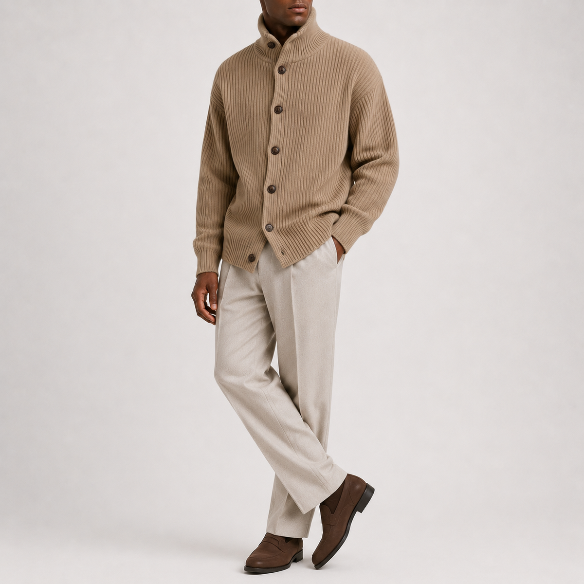 Men’s Roll Neck Cardigan – Knitted High Neck Button Front Jumper