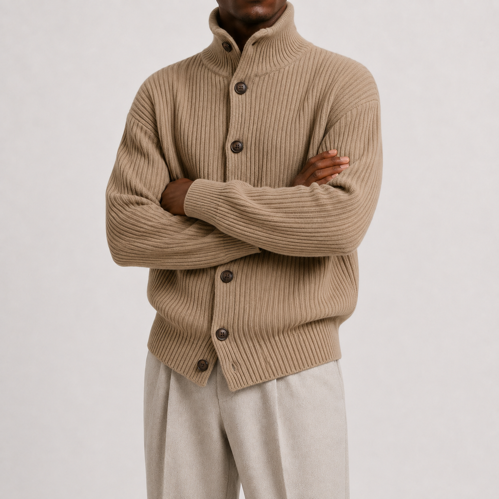 Men’s Roll Neck Cardigan – Knitted High Neck Button Front Jumper