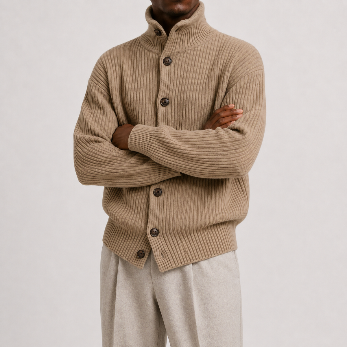Men’s Roll Neck Cardigan – Knitted High Neck Button Front Jumper