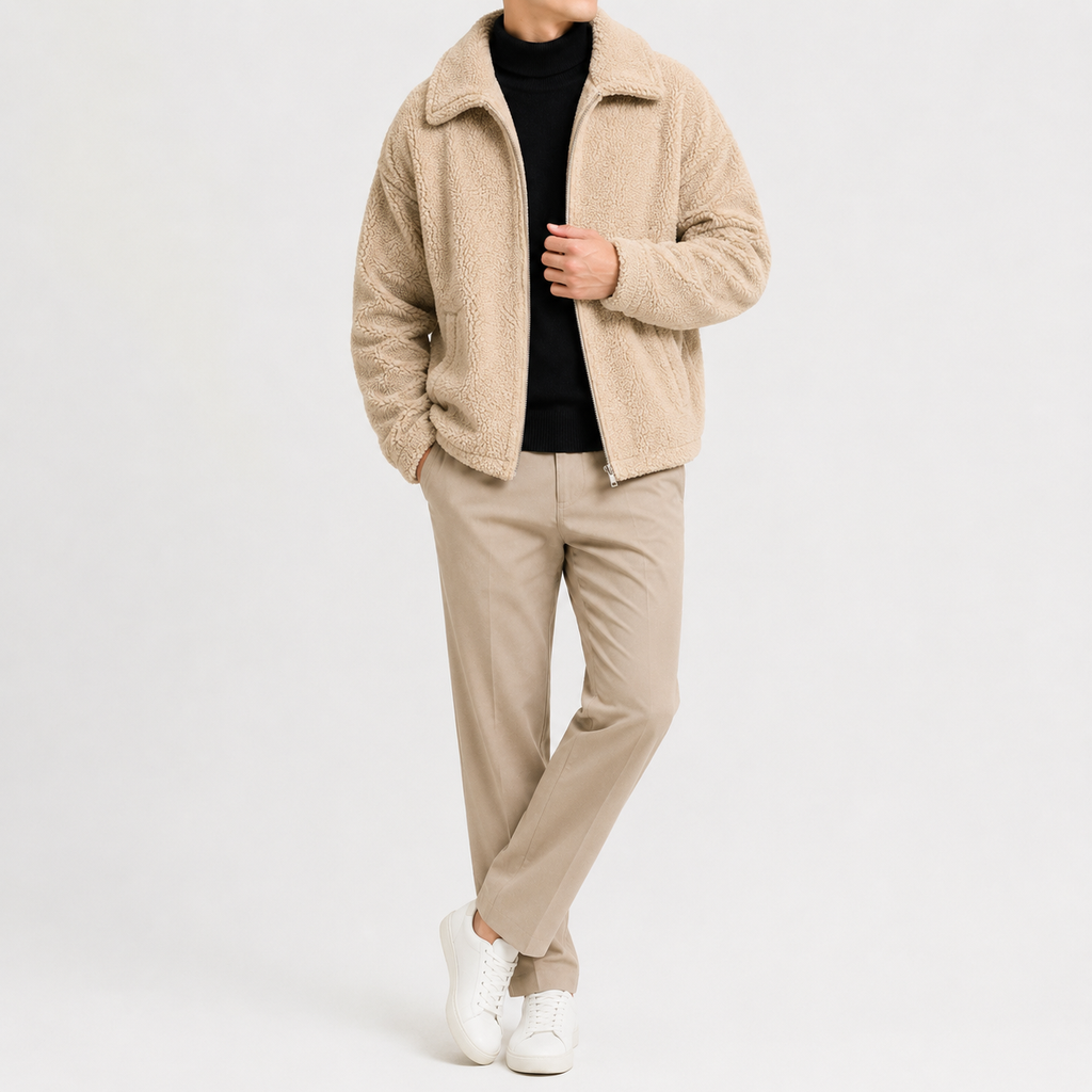 Men’s Sherpa Fleece Jacket – Loose Fit Plush Winter Coat