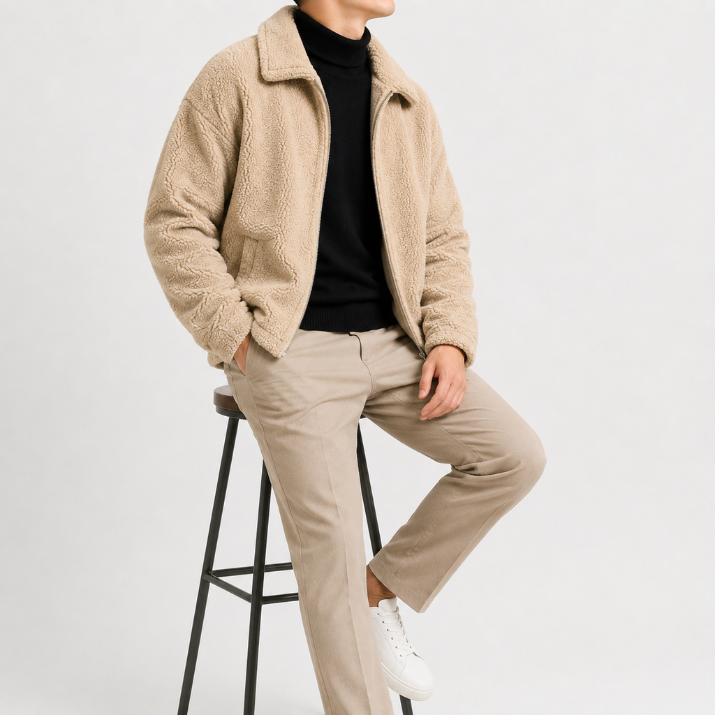 Men’s Sherpa Fleece Jacket – Loose Fit Plush Winter Coat