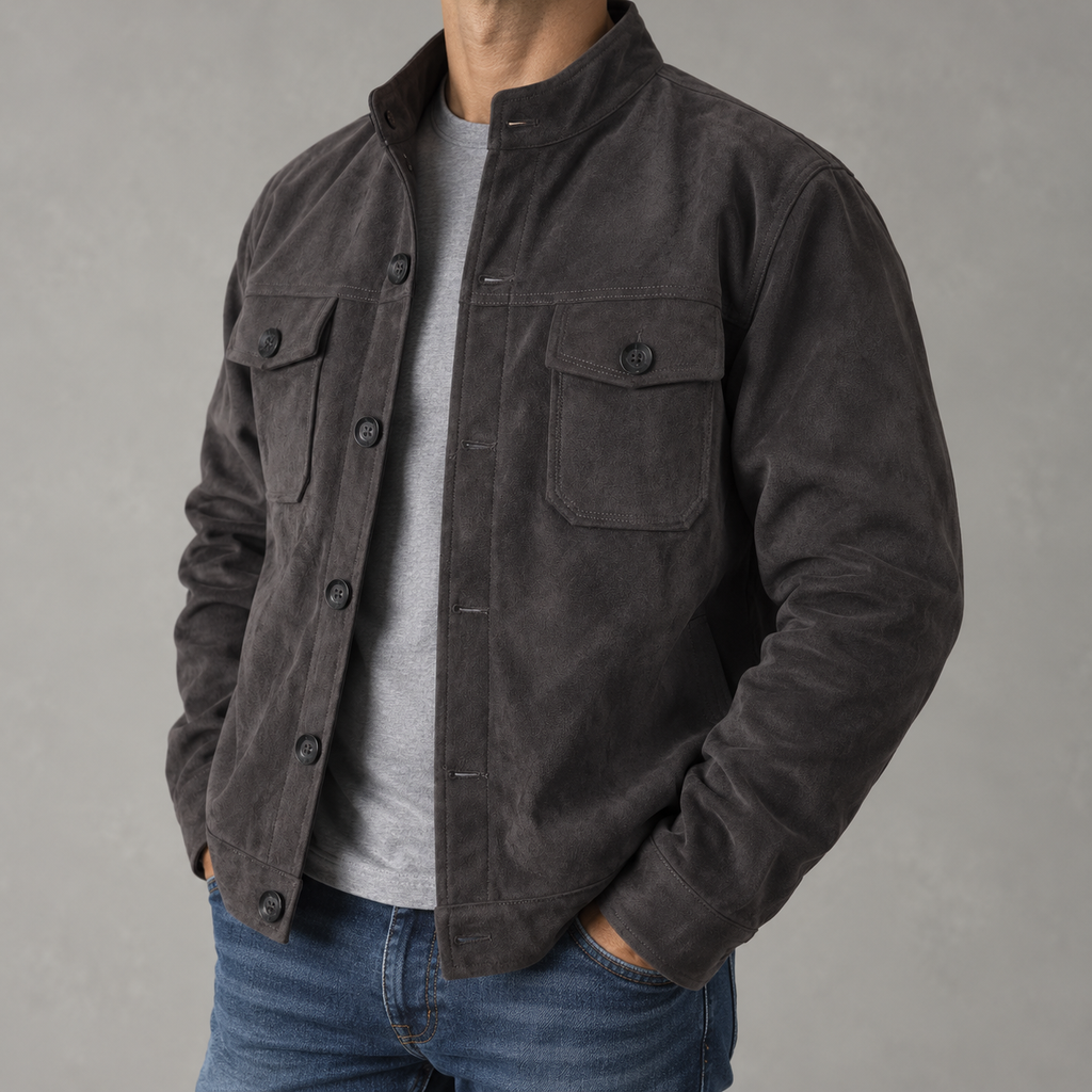 Men’s Suede Jacket – Faux Suede Velvet Casual Bomber Jacket