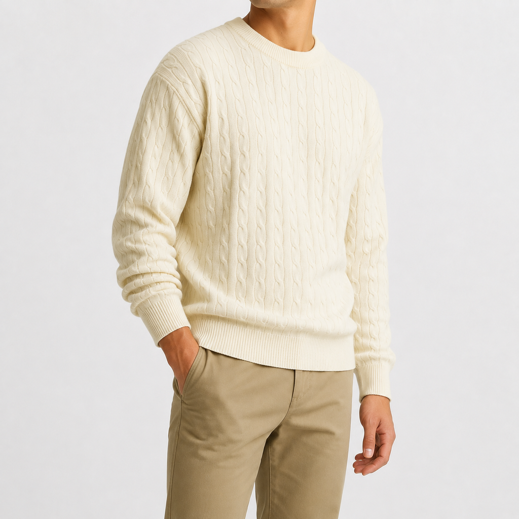 Men’s Cable Knit Jumper – Textured Knitted Long Sleeve Pullover
