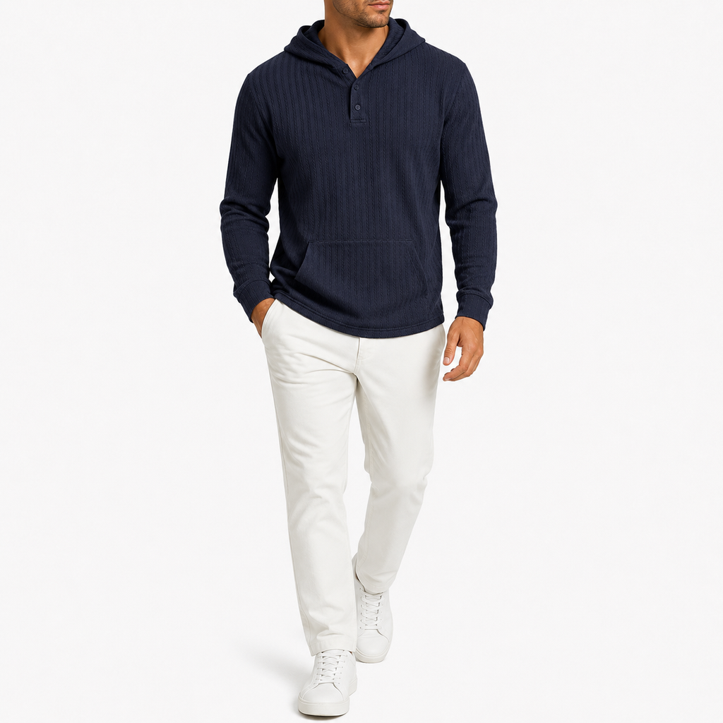 Men’s Textured Hoodie – Herringbone Jacquard Hooded Casual Jumper