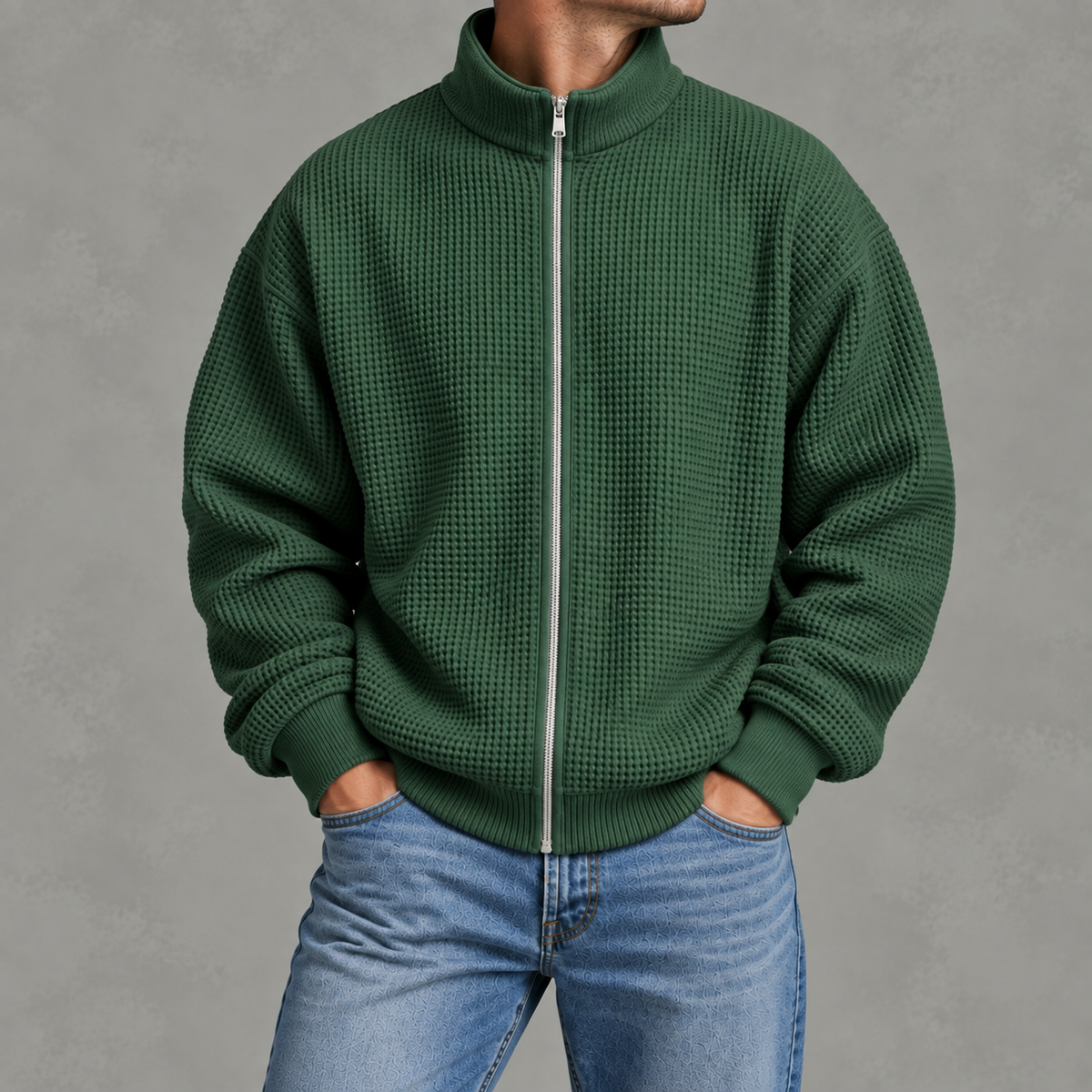 Men’s Waffle Knit Jacket – Stand Collar Full Zip Textured Casual Jacket